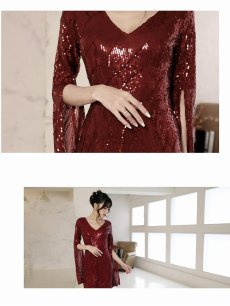 画像3: キャバドレス ロング フレア袖 マーメイド イベント 袖付きロング Vカット Belsia(M/L)(ワイン/ブラック) (3)