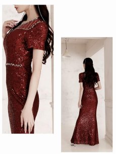 画像4: ※一部予約販売※キャバドレス ロング 総スパンコール 袖付き 透け レース 脚長 Belsia.LUX(S/M/L)(ブラック/レッド/ブルー) (4)