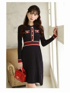 画像3: ワンピース キャバドレス ラメニット 配色 韓国風 ワンピース ウエスト細魅せ Belsia(M/L)(ネイビー) (3)
