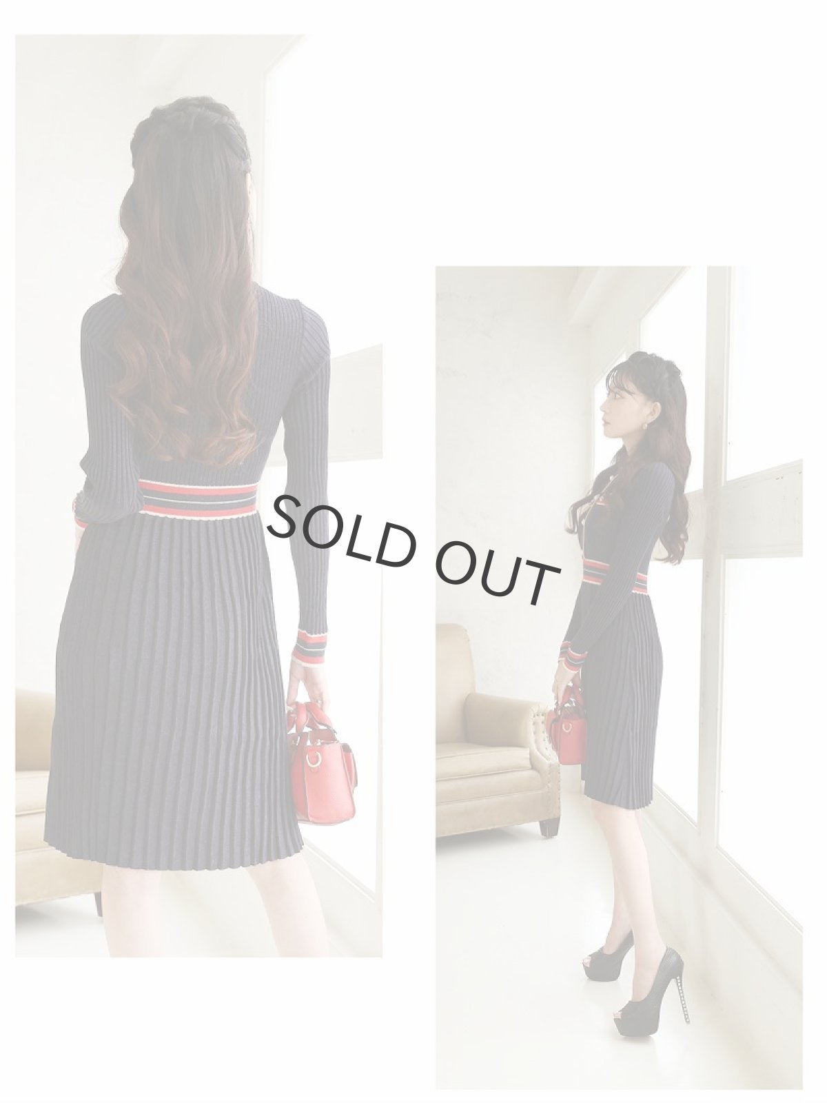 画像5: ※予約販売※ワンピース キャバドレス ラメニット 配色 韓国風 ワンピース ウエスト細魅せ Belsia(M/L)(ネイビー(12月下旬)) (5)