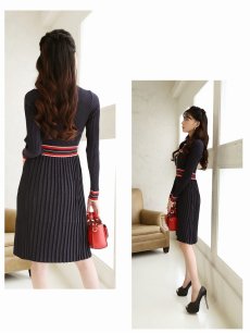 画像5: ワンピース キャバドレス ラメニット 配色 韓国風 ワンピース ウエスト細魅せ Belsia(M/L)(ネイビー) (5)