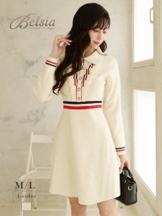 画像1: ワンピース キャバドレス 襟付き ニットワンピ 韓国風 長袖 袖付き Belsia(M/L)(アイボリー) (1)