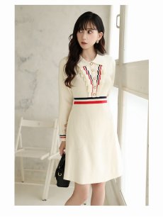 画像4: ワンピース キャバドレス 襟付き ニットワンピ 韓国風 長袖 袖付き Belsia(M/L)(アイボリー) (4)