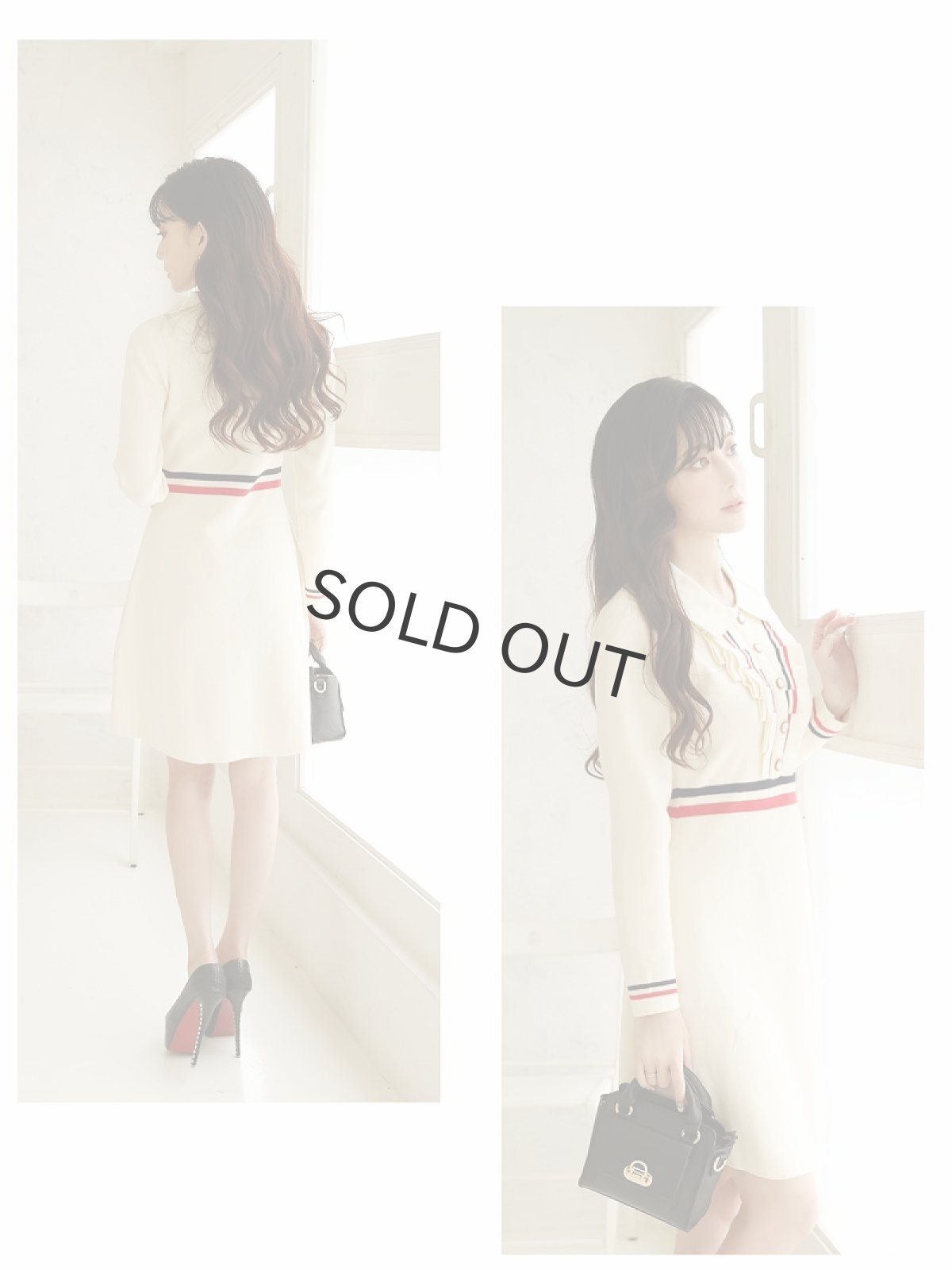 画像5: ワンピース キャバドレス 襟付き ニットワンピ 韓国風 長袖 袖付き Belsia(M/L)(アイボリー) (5)