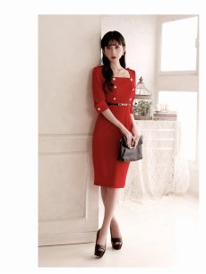 画像2: ワンピース キャバドレス ストレッチ 膝丈 タイト 五分袖 袖付き Belsia.LUX(S/M/L/XL)(レッド) (2)