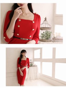 画像3: ワンピース キャバドレス ストレッチ 膝丈 タイト 五分袖 袖付き Belsia.LUX(S/M/L/XL)(レッド) (3)