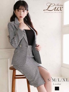 画像1: キャバスーツ ツイード 千鳥柄 チェック柄 膝丈 ロングジャケット Belsia.LUX(S/M/L/XL)(ブラック) (1)