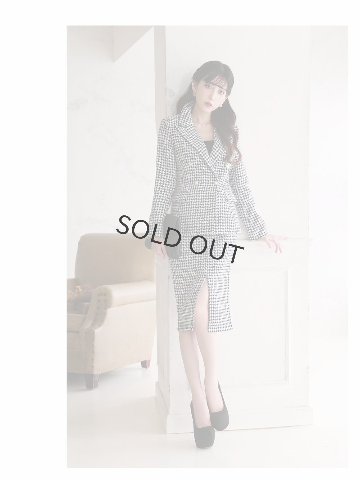 画像2: キャバスーツ ツイード 千鳥柄 チェック柄 膝丈 ロングジャケット Belsia.LUX(S/M/L/XL)(ブラック) (2)