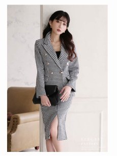画像4: キャバスーツ ツイード 千鳥柄 チェック柄 膝丈 ロングジャケット Belsia.LUX(S/M/L/XL)(ブラック) (4)