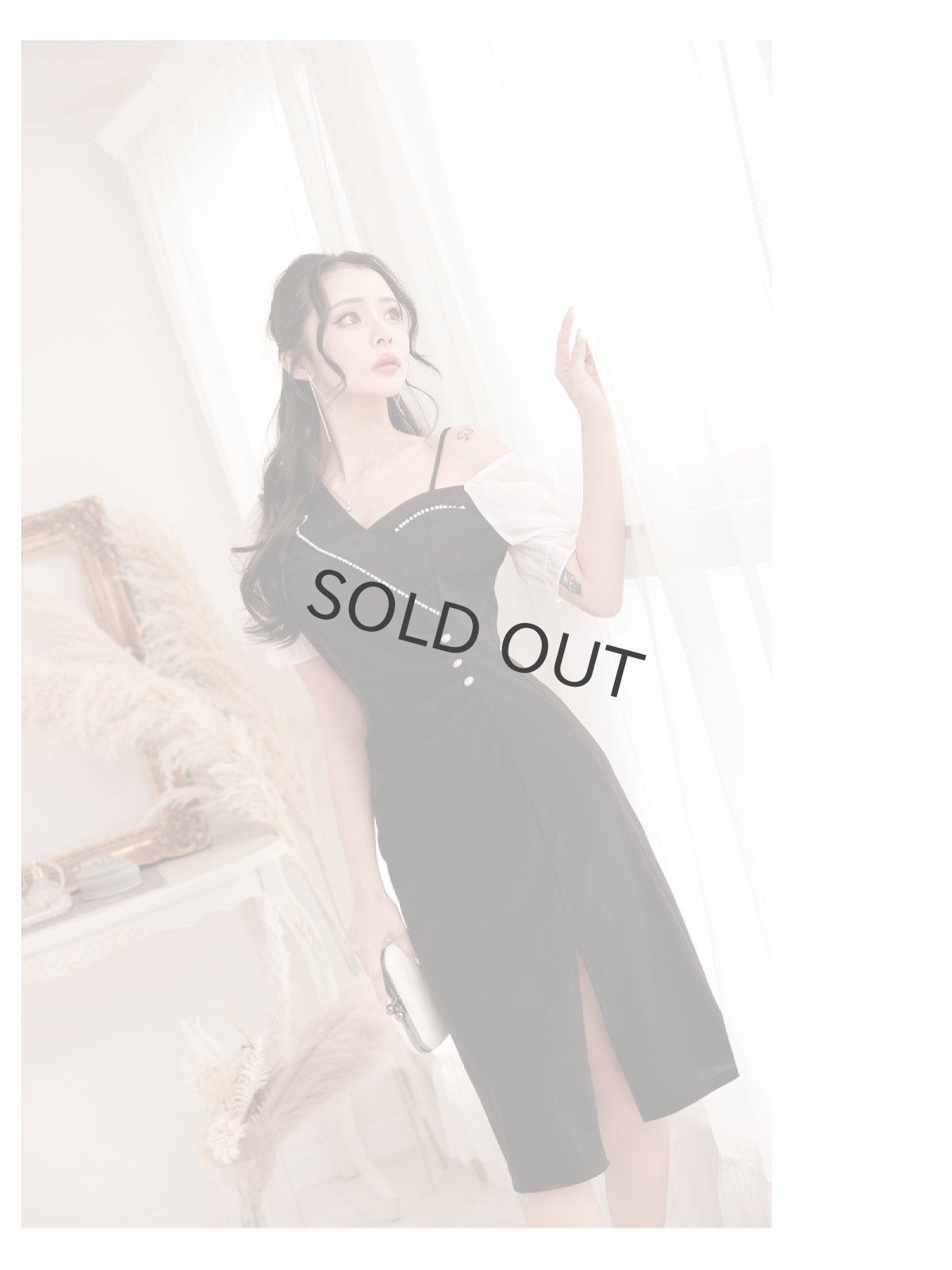 画像5: ワンピース キャバドレス アシンメトリー 袖付き 膝丈 ミディ丈 パール DaysPiece(S/M/L/XL(2L))(ブラック) (5)