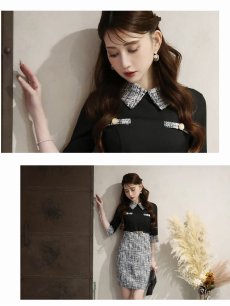 画像3: ワンピース キャバドレス 襟付き ツイード 袖付き 同伴 韓国ワンピース Belsia(S/M/L)(ブラック) (3)