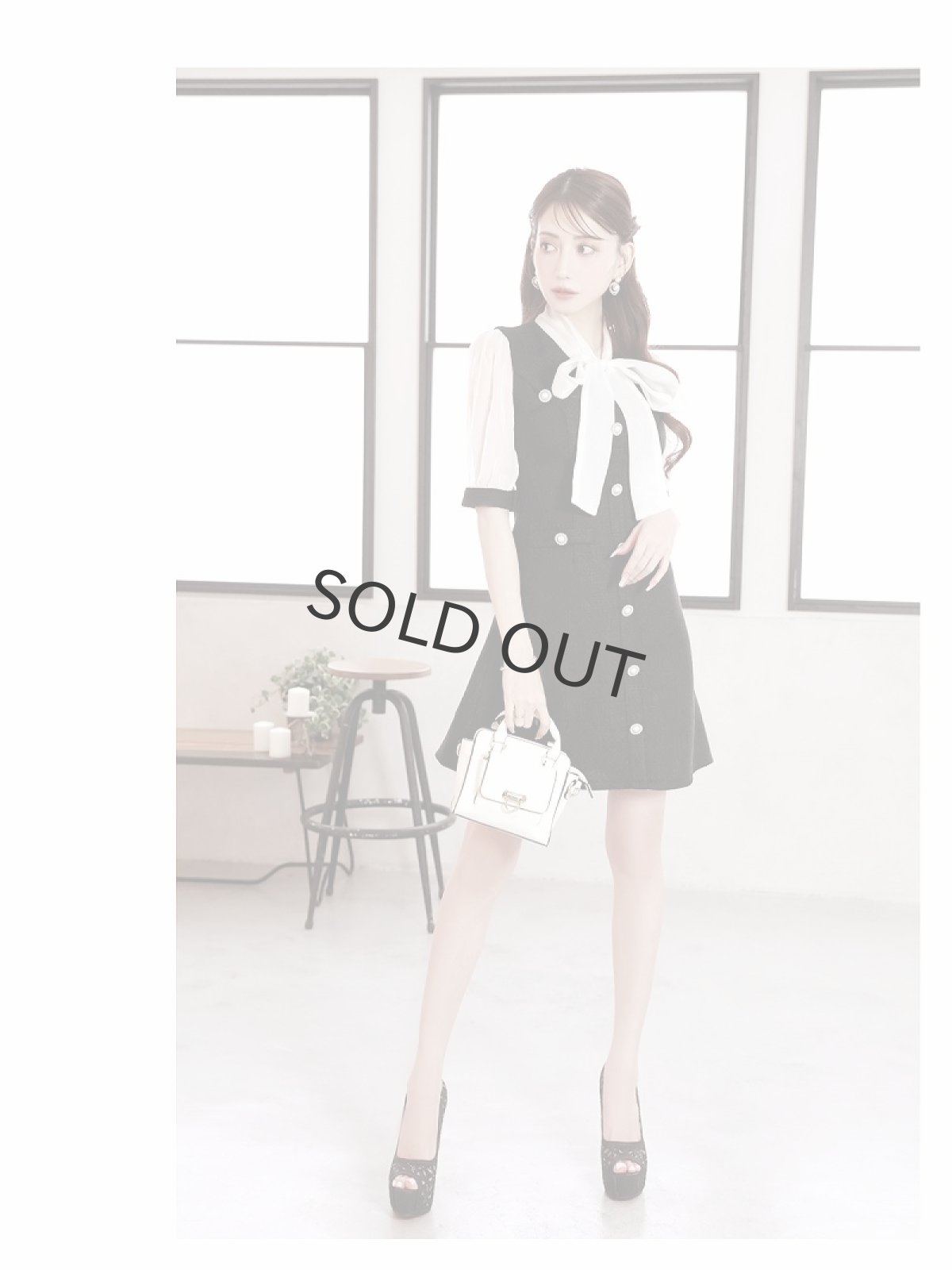 画像2: ワンピース キャバドレス ボータイ ツイード レイヤード風 韓国風 光沢があるシフォン Belsia(S/M/L)(ブラック) (2)