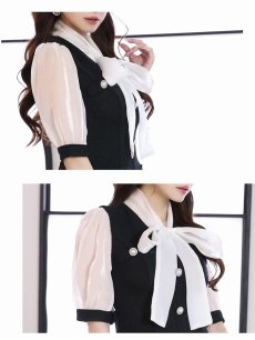 画像3: ワンピース キャバドレス ボータイ ツイード レイヤード風 韓国風 光沢があるシフォン Belsia(S/M/L)(ブラック) (3)