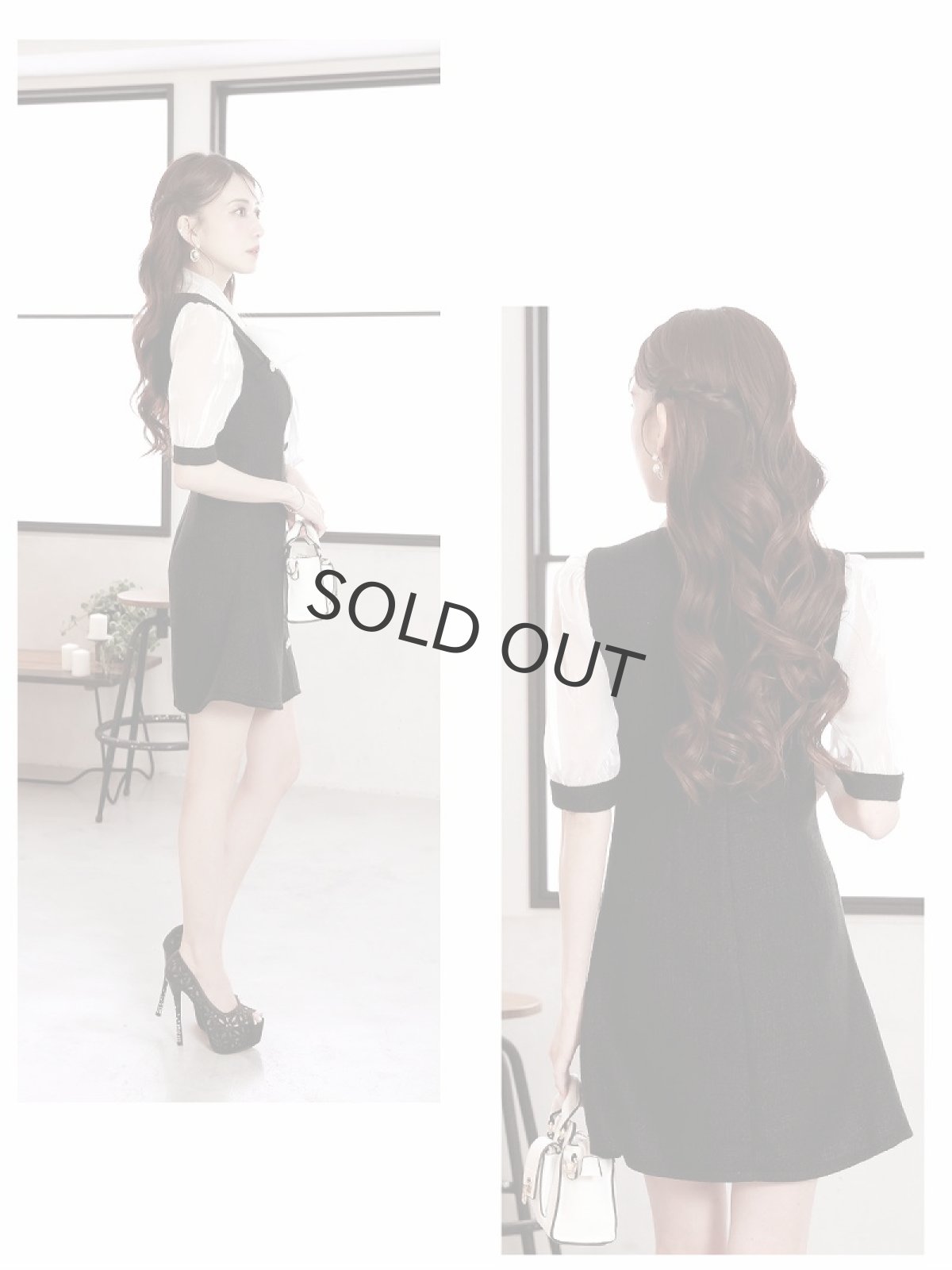 画像4: ワンピース キャバドレス ボータイ ツイード レイヤード風 韓国風 光沢があるシフォン Belsia(S/M/L)(ブラック) (4)