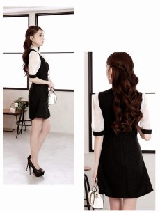 画像4: ワンピース キャバドレス ボータイ ツイード レイヤード風 韓国風 光沢があるシフォン Belsia(S/M/L)(ブラック) (4)