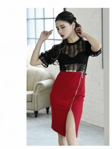 画像2: キャバドレス ミニ キャバドレス ミニドレス スリット レース パフスリーブ DaysPiece(S/M/L)(レッド/ターコイズ) (2)