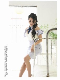 画像4: キャバドレス ミニ キャバドレス フリル ホルターネック バストカット ブローチ an(S/M)(ブルーグレー×ホワイト/ピンク×ホワイト) (4)