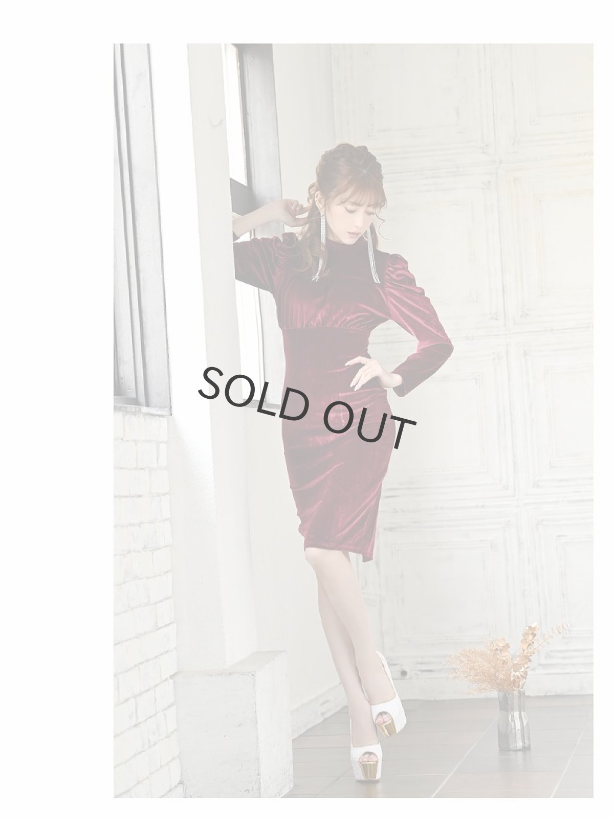 画像2: キャバドレス ミニ ベロア 袖付 パーティードレス ワンカラー ハイネック Belsia(S/M/L/XL(2L))(ワイン/グリーン/ブラック) (2)