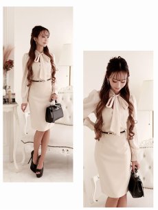 画像4: ワンピース キャバドレス ベージュ 長袖 膝丈 パーティードレス フォーマルドレス Belsia(S/M/L/XL)(ベージュ) (4)