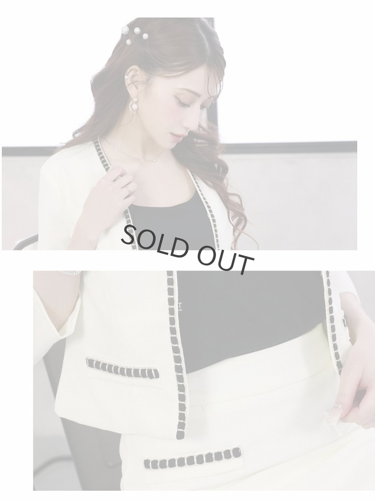 画像3: キャバスーツ ノーカラー パイピング セットアップ ライトツイード フォーマル Belsia(S/M/L/XL(2L))(ブラック/アイボリー) (3)