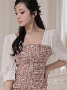 画像5: ワンピース キャバドレス ツイード 袖付き 膝丈 上品 韓国風 DaysPiece(S/M/L/XL)(ピンク) (5)