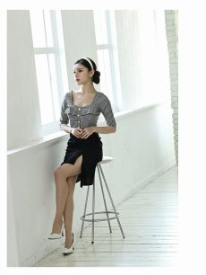 画像4: ワンピース キャバドレス ギンガムチェック フリル 膝丈 五分袖 パーティードレス DaysPiece(XS/S/M/L/XL(2L))(ブラック) (4)