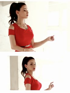 画像5: ワンピース キャバドレス ワンカラー オープンショルダー ボディライン ペンタゴンネック 膝丈 DaysPiece(S/M/L/XL(2L))(ブラック/レッド) (5)