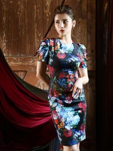 画像5: ワンピース キャバドレス 花柄 膝丈 ラウンドネック シンプル ストレッチ DaysPiece(XS/S/M/L/XL(2L))(ブラック/ホワイト) (5)