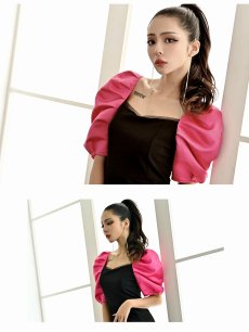 画像3: ワンピース キャバドレス パフスリーブ バイカラー 膝丈 スリット スレンダー DaysPiece(S/M/L/XL(2L))(ホワイト/ピンク) (3)