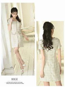 画像4: ワンピース キャバドレス キャバドレス チェック 半袖 豪華 サマーツイード Belsia.LUX(S/M/L)(ベージュ/ブルー) (4)