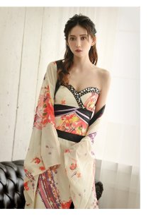 画像3: キャバドレス 和柄 着物ドレス 白 サイズ豊富 ベア セクシー 流遊(S/M/L/XL(2L))(オフホワイト) (3)