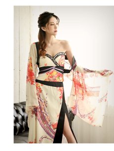 画像5: キャバドレス 和柄 着物ドレス 白 サイズ豊富 ベア セクシー 流遊(S/M/L/XL(2L))(オフホワイト) (5)