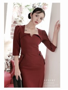 画像3: ワンピース キャバドレス 袖付き 韓国風 膝丈 ミディ丈 ストレッチ DaysPiece(S/M/L/XL(2L))(ワイン) (3)