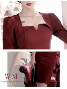 画像4: ワンピース キャバドレス 袖付き 韓国風 膝丈 ミディ丈 ストレッチ DaysPiece(S/M/L/XL(2L))(ワイン) (4)