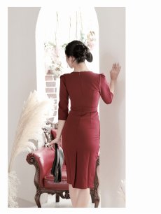 画像5: ワンピース キャバドレス 袖付き 韓国風 膝丈 ミディ丈 ストレッチ DaysPiece(S/M/L/XL(2L))(ワイン) (5)