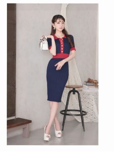 画像2: ワンピース キャバドレス ニットワンピース リブ サマーニット 半袖 襟付き Belsia(M)(ネイビー/グリーン) (2)