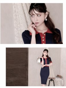 画像3: ワンピース キャバドレス ニットワンピース リブ サマーニット 半袖 襟付き Belsia(M)(ネイビー/グリーン) (3)