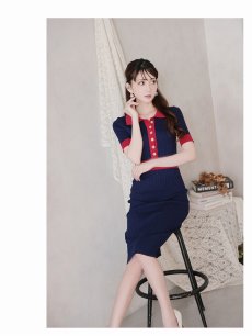画像4: ワンピース キャバドレス ニットワンピース リブ サマーニット 半袖 襟付き Belsia(M)(ネイビー/グリーン) (4)