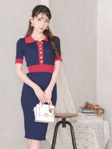 画像5: ワンピース キャバドレス ニットワンピース リブ サマーニット 半袖 襟付き Belsia(M)(ネイビー/グリーン) (5)