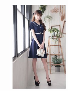 画像2: ワンピース キャバドレス 襟付き 韓国風ワンピース 上質 Aライン フレア Belsia(S/M/L/XL(2L)/XXL(3L))(ネイビー) (2)