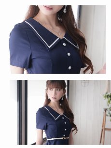 画像3: ワンピース キャバドレス 襟付き 韓国風ワンピース 上質 Aライン フレア Belsia(S/M/L/XL(2L)/XXL(3L))(ネイビー) (3)