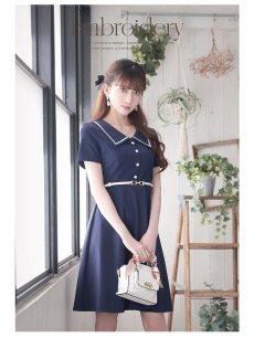 画像4: ワンピース キャバドレス 襟付き 韓国風ワンピース 上質 Aライン フレア Belsia(S/M/L/XL(2L)/XXL(3L))(ネイビー) (4)