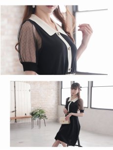 画像3: ワンピース キャバドレス 膝丈 バイカラー サマーニット パフスリーブ パフ袖 Belsia(M/L)(ブラック) (3)