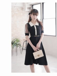 画像4: ワンピース キャバドレス 膝丈 バイカラー サマーニット パフスリーブ パフ袖 Belsia(M/L)(ブラック) (4)