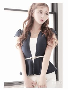 画像3: ワンピース キャバドレス レイヤード風 セットアップ風 体型カバー ストレッチ ペプラム DaysPiece(S/M/L/XL(2L))(ネイビー) (3)