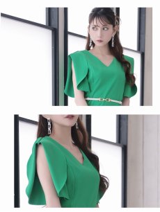 画像3: ワンピース キャバドレス グリーン フォーマルドレス ミディ丈 膝丈 フリル袖 Belsia(S/M/L/XL(2L))(グリーン) (3)
