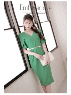 画像4: ワンピース キャバドレス グリーン フォーマルドレス ミディ丈 膝丈 フリル袖 Belsia(S/M/L/XL(2L))(グリーン) (4)
