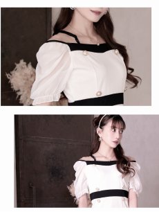 画像3: ※一部予約販売※キャバドレス ミニ 袖付き シフォン袖 韓国風 クラシカル オフショル Belsia(S/M/L/XL(2L))(ブラック/ホワイト) (3)