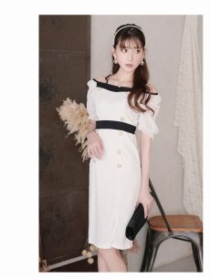 画像4: ※一部予約販売※キャバドレス ミニ 袖付き シフォン袖 韓国風 クラシカル オフショル Belsia(S/M/L/XL(2L))(ブラック/ホワイト) (4)