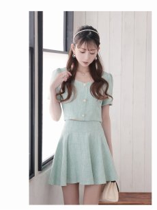 画像5: セットアップ キャバ ドレス サマーツイード セットアップドレス スーツ フレア 同伴 Belsia(S/M/L)(ホワイト/グリーン) (5)